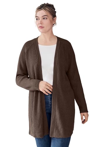ellos Women's Plus Size Open Front Waffle Cardigan Oversized Long